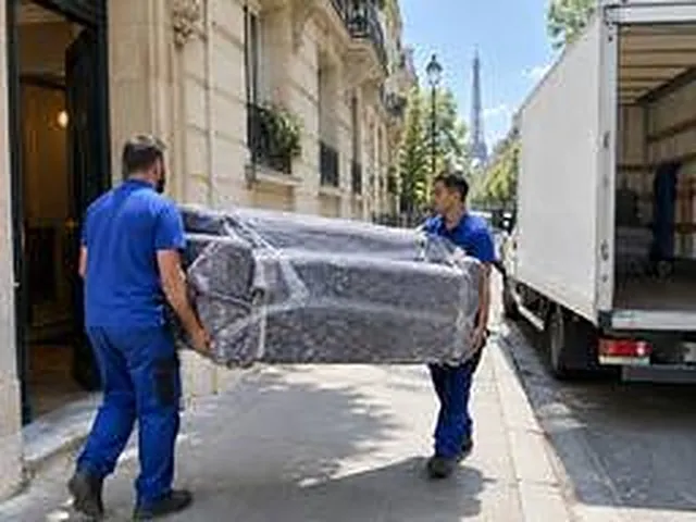 Deux déménageurs HDJ portent un canapé protégé vers le camion, dans une rue de Paris