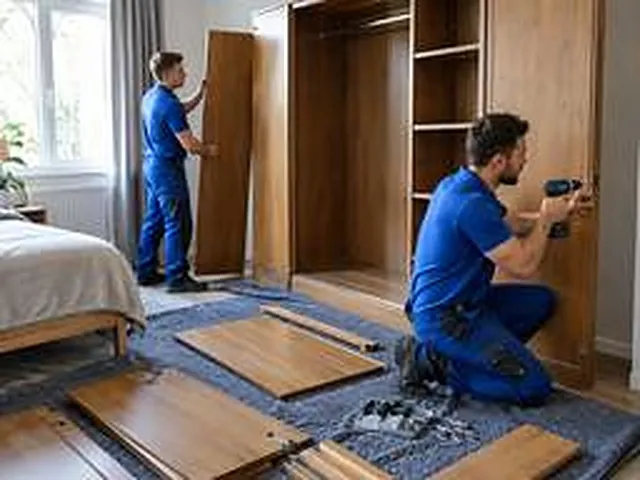 Deux déménageurs démontent une armoire dans une chambre